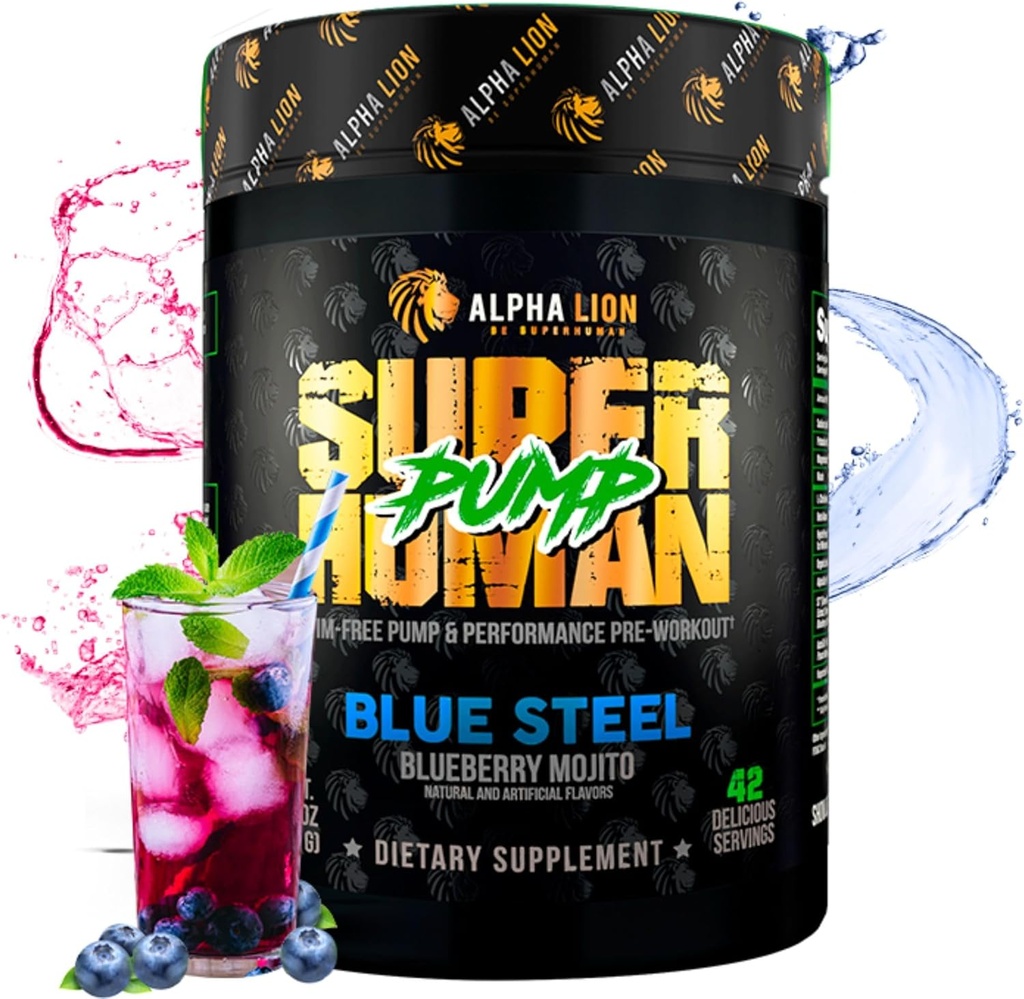ALPHA LION Superhuman Pump Pre Workout Powder, Nootropic Caffeine & Stim Free Preworkout Supplement, Nitric Oxide Booster, Muscle Gainer, Energy & Focus (42 Servings, Blueberry Steel Flavor)
