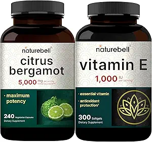 NatureBell Vitamin E Oil Softgels, 1,000iu Per Serving & Citrus Bergamot Veggie Capsules 5,000 mg Equivalent Bundle Pack | Easily Absorbed Form | High Antioxidant Level