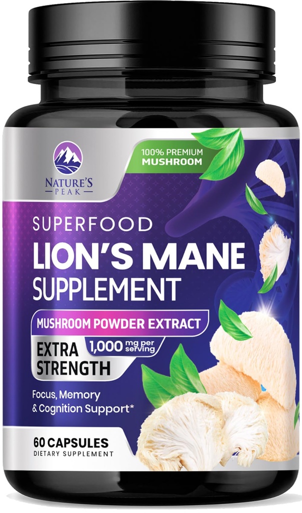 ライオンズマネのきのこのカプセル10,000mg - 記憶および焦点サポートのためのライオンのマネの補足のカプセル、頭脳、免疫の健康サポート、ビーガン、米国でびん詰めにされる、ライオンズマネのきのこの粉のエキス、60の計算