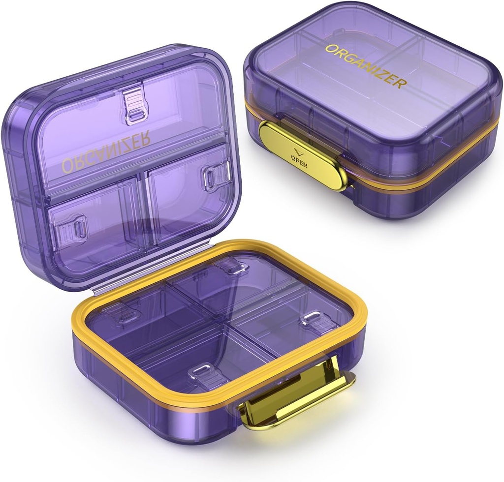 7 Compartmentの旅行丸薬箱、丸薬のオルガナイザーの湿気の証拠の小型丸薬の箱、ポケット財布のための小さい丸薬箱、毎日の携帯用薬のビタミン箱、魚油箱、補足箱(紫色)