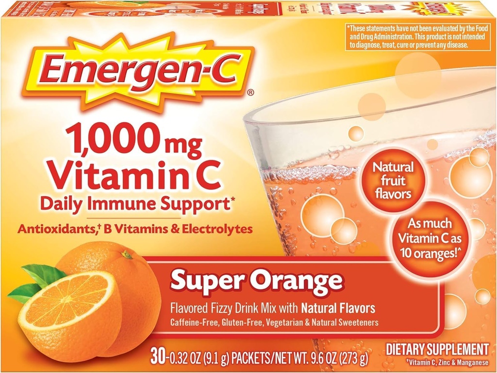 毎日の免疫サポートカフェインのためのEmergen-C 1000mgビタミンCの粉は亜鉛およびマンガン、極度のオレンジ味- 30の計算と補います