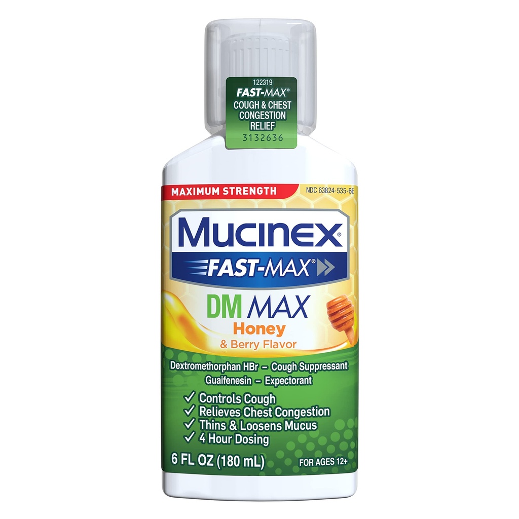 Mucinex の最高強さ DM MAX、症状の救助、咳の抑制剤および Expectorant、蜂蜜及び果実味、6 の FL OZ