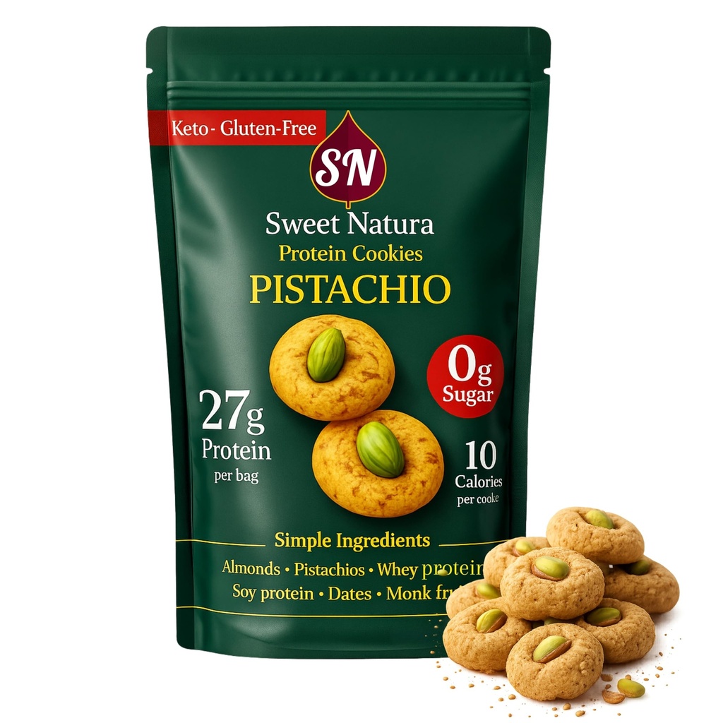 Pistachio Protein Cookies, 27g Protein Per Bag, 23 Mini Cookies – 10 Calories Each – Keto, Gluten-Free, No Added Sugar, Organic, High-Protein Snack – Made with Almonds, Whey, Dates & Monkfruit