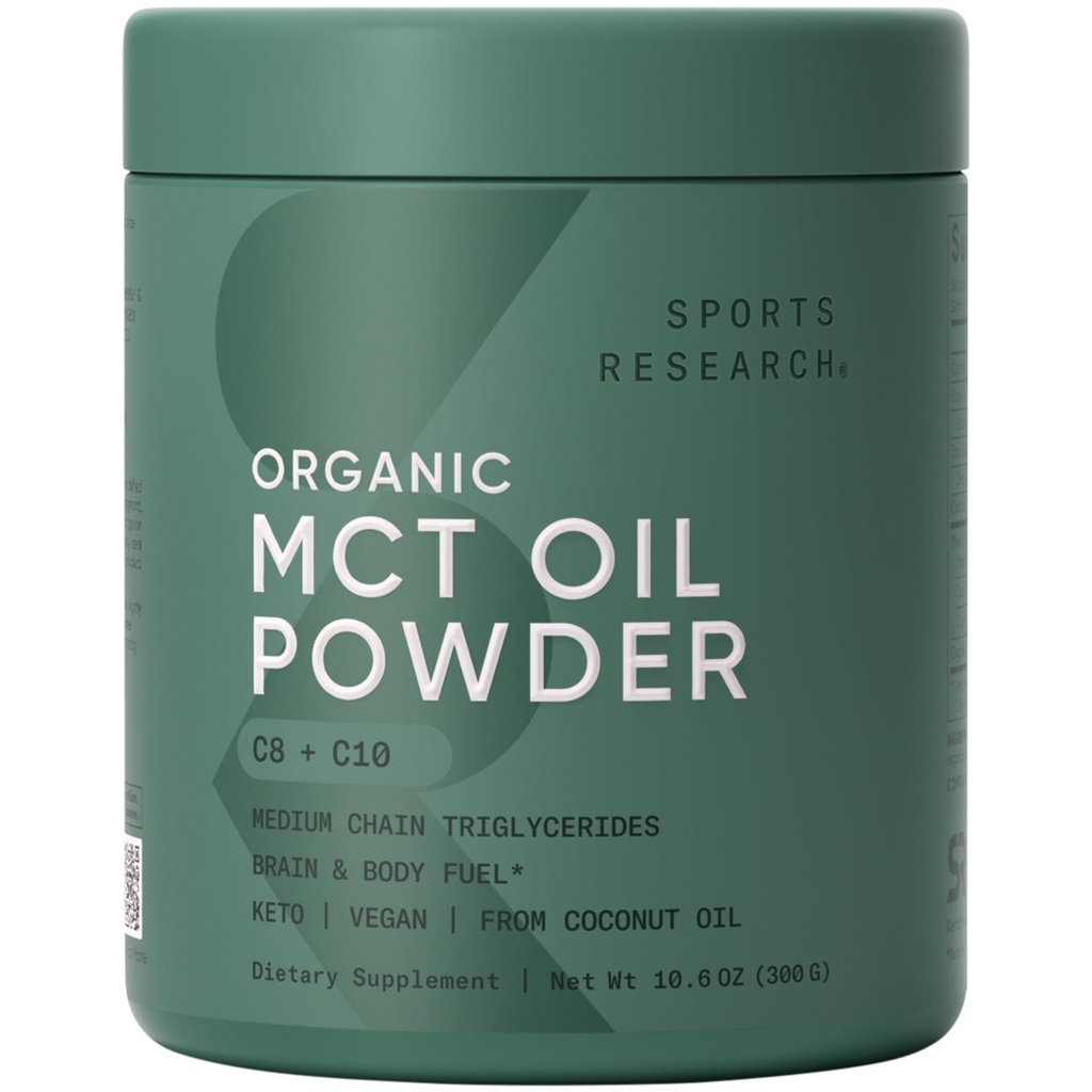 スポーツ研究オーガニックMCTオイルパウダー - Keto&Vegan MCTs C8、ココナッツからC10 - 脂肪酸Brain&Body Fuel、非GMO&グルテンフリー - 風味が悪い、コーヒー、紅茶&タンパク質シェイクス - 10.6 oz