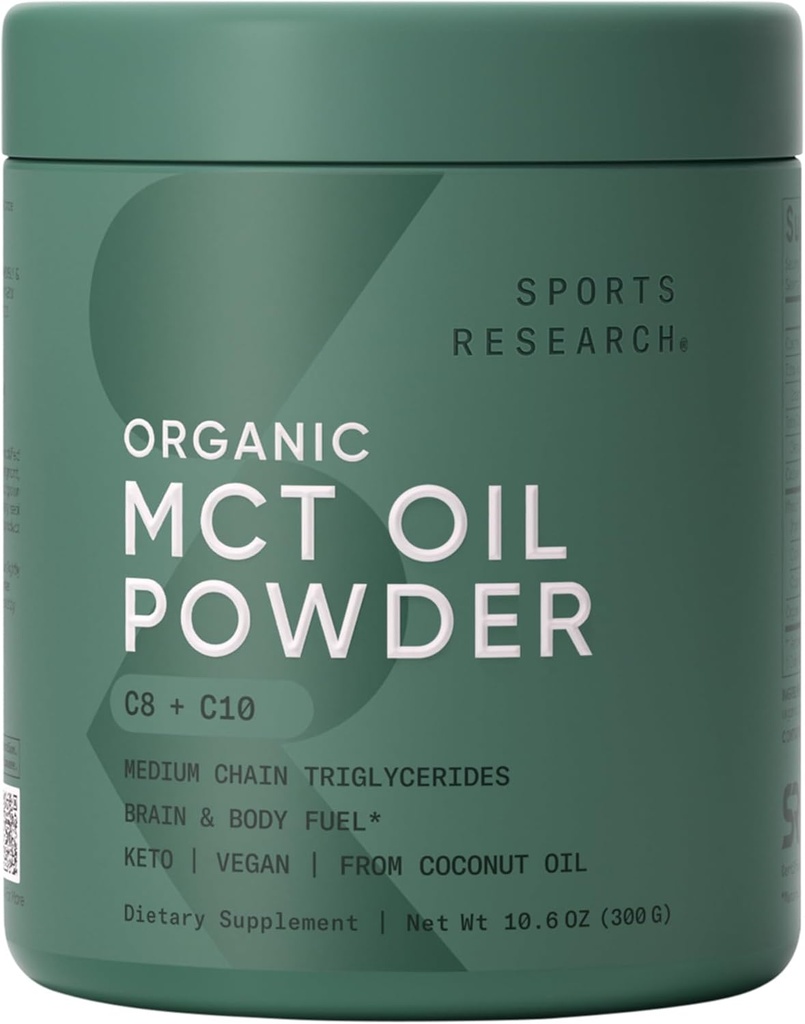 スポーツ研究オーガニックMCTオイルパウダー - Keto&Vegan MCTs C8、ココナッツからC10 - 脂肪酸Brain&Body Fuel、非GMO&グルテンフリー - 風味が悪い、コーヒー、紅茶&タンパク質シェイクス - 10.6 oz