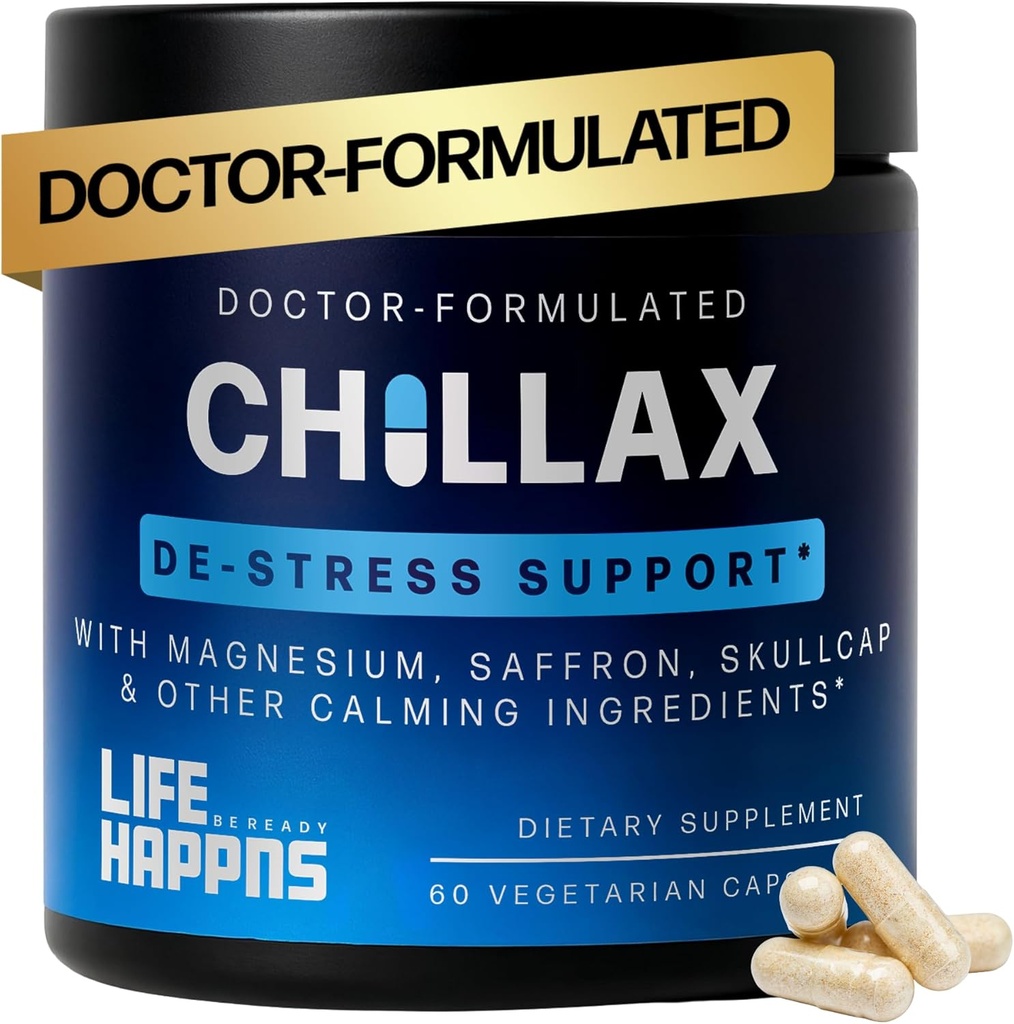 Life Happns Chillax, Calm Support Supplement, L Theanine, Magnesium, GABA and Saffron Supplements for Relaxation, Natural Mood Health Support for Adults, Calming and Relaxing, 60 Capsules