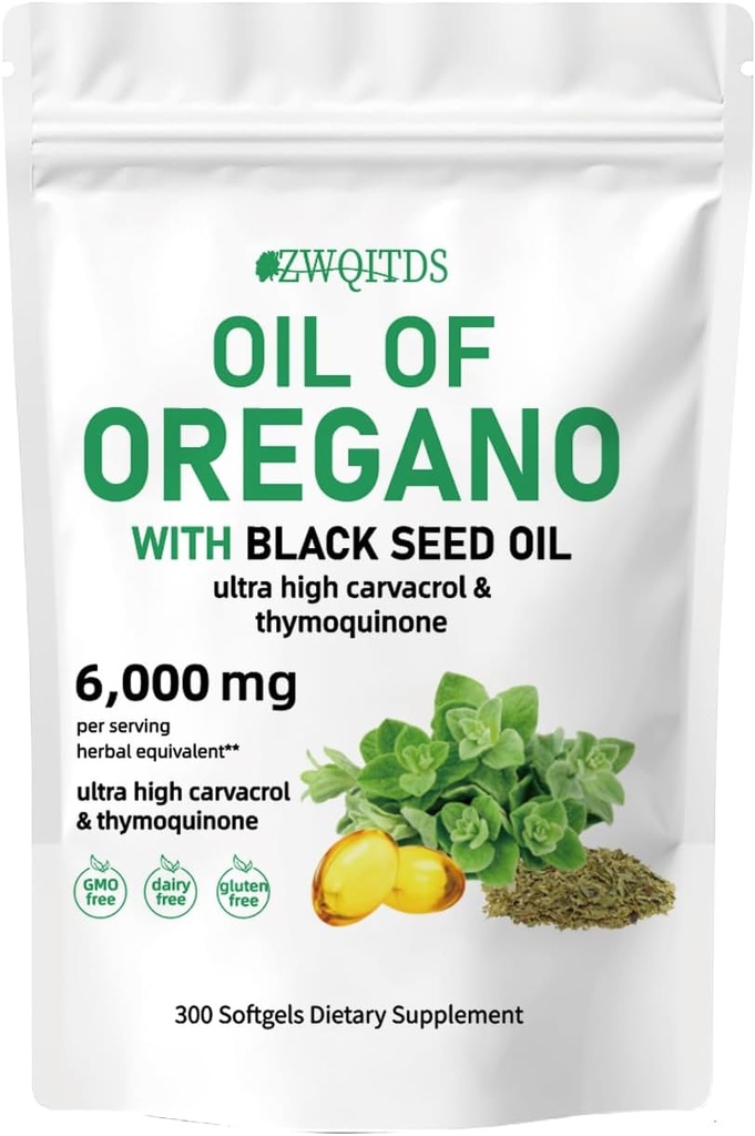 ブラックシードオイル2-in-1ソフトゲル6000mg 300カウント非GMO免疫サポートハーブフォーミュラとオレガノオイル