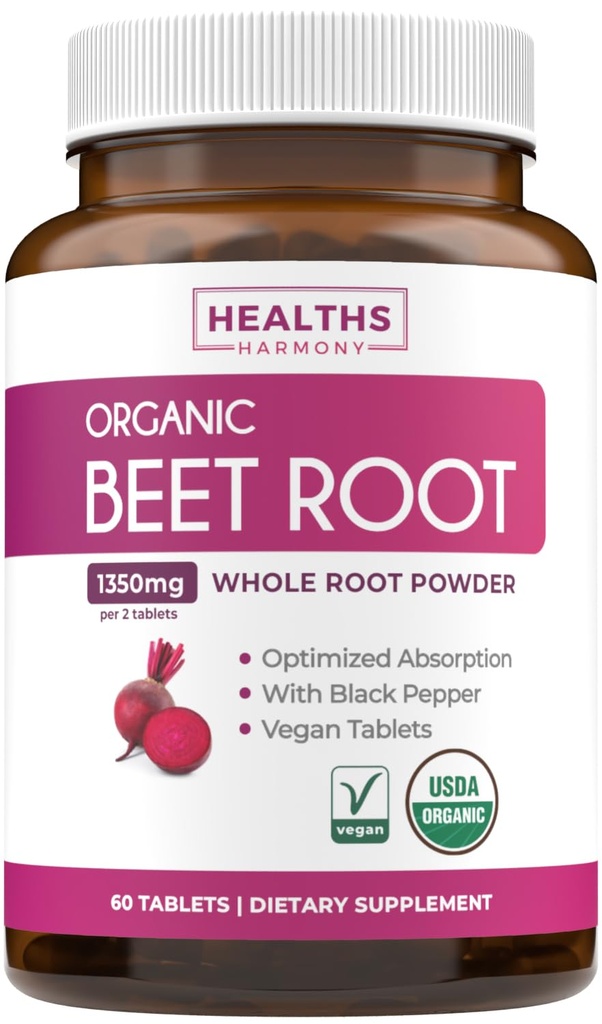 USDA 有機ビートルートパウダー(60錠) 1350mg エキストラ吸収のためのブラックペッパーとサービングあたりのビート - スーパー抗酸化剤と運動性能とスタミナのための硝酸塩サプリメント - カプセルなし