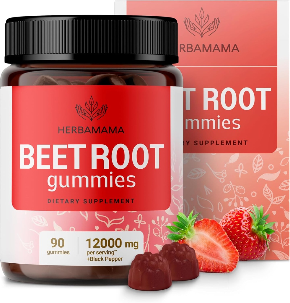 HERBAMAMA Beet Root Gummies - 12000mg Red Beets with Black Pepper Extract for Overall Support - Vegan, Non-GMO Antioxidant Supplement - 90 Pectin-Based Strawberry-Flavored Chews