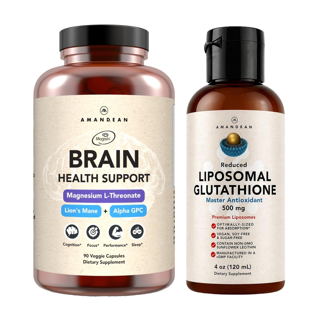 AMANDEANの優れた脳の健康の補足及びLiposomalのグルタチオンの束。 マグネシウムL-Threonate、USA-Grown Organic LionのMane 6:1のエキスおよびアルファGPCとの三重式。サポートCognition、焦点及び
