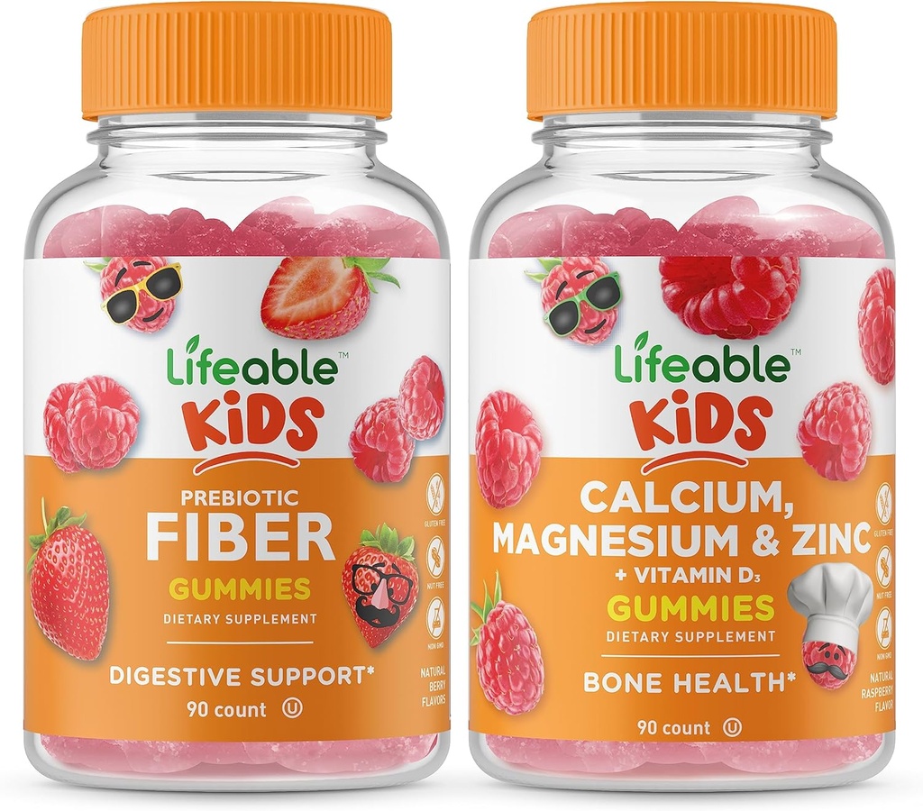 Lifeable Prebiotic Fiber Kids + Calcium Magnesium & Zinc Kids, Gummies Bundle - Great Tasting, Vitamin Supplement, Gluten Free, GMO Free, Chewable Gummy