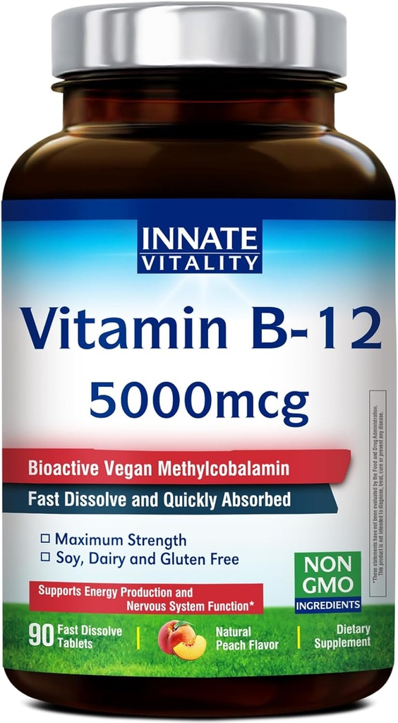 インテート ヴィタリティ ビタミン B12 5000mcg, 皮下, ビーガン Methylcobalamin, 速い分解のタブレット, 自然なピーチ 味, エネルギー生産をサポート & 健康な神経系, 90 錠