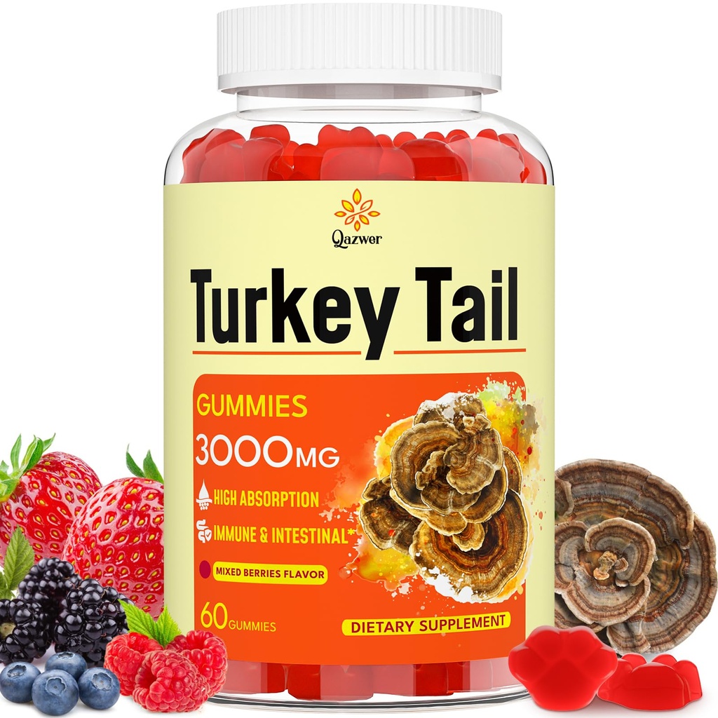 トルコの尾のきのこ、トルコの尾(100%のフルーツ ボディ、40%のベータ グルカン)はグット、エネルギー、頭脳及び免疫サポートのための黒いコショウ、マッシュのグミを、混合された果実味の味の ビーガン、非GMO、60ct加えます