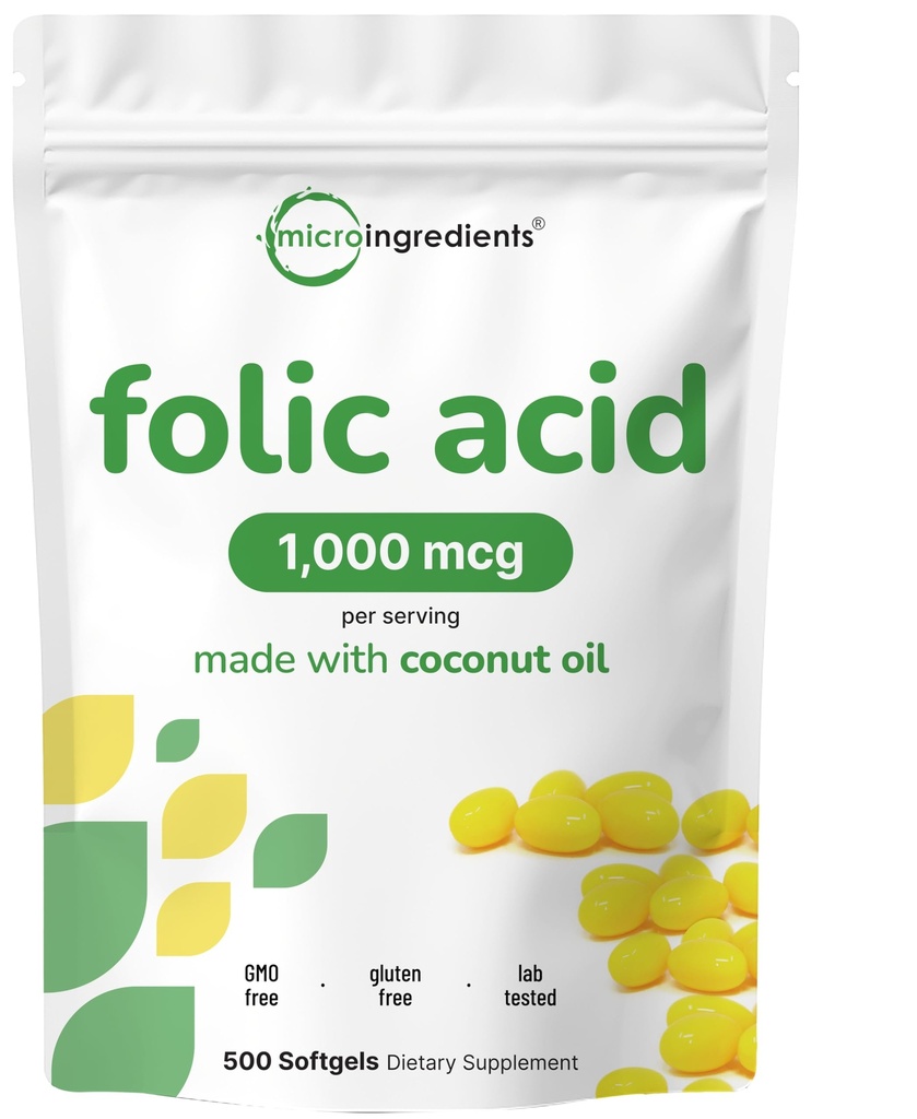 葉酸1000mcg、500ココナッツオイルソフトジェル(1mg) | 必須成分ビタミン(ビタミンB9) | 1,667mcg DFE | 第三者試験・人工色・風味なし | 非GMO、グルテンフリー