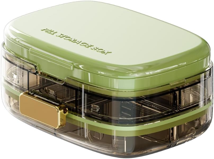 Pill Organizer with Extra Compartment for Plasters & Swabs, Portable Medications & Supplements Container, Large Pill Case for Both Home & Travel (Green)