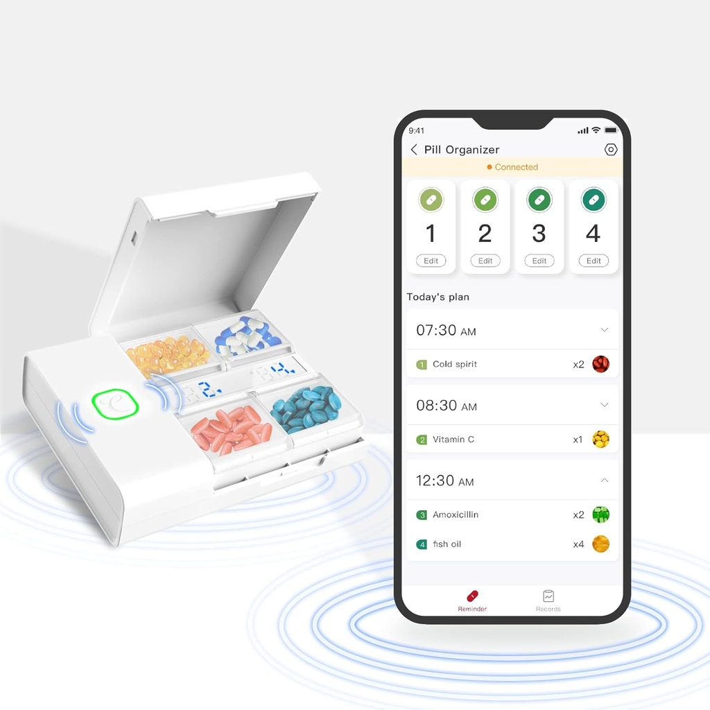 Comfytempの薬箱-自由なAppのスマートな薬物のオルガナイザー、Pill箱、警報Reminderの4つの大きいコンパートメント、薬/ビタミン/補足のための再充電可能な携帯用旅行丸薬箱