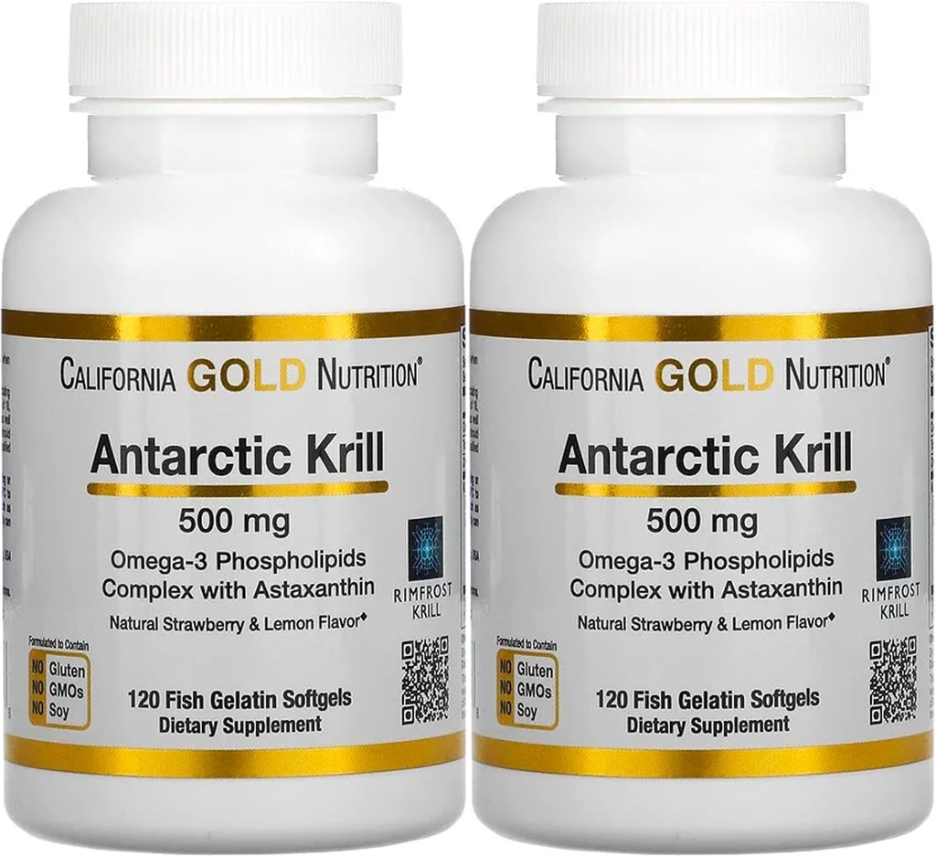 カリフォルニアの金の栄養のAntarctic Krillオイル、アスタキサンチン、自然ないちご及びレモン味、非GMO、グルテンフリー、500のmgの120の魚のゼラチンのSoftgels、2のパックが付いている超高オメガ3