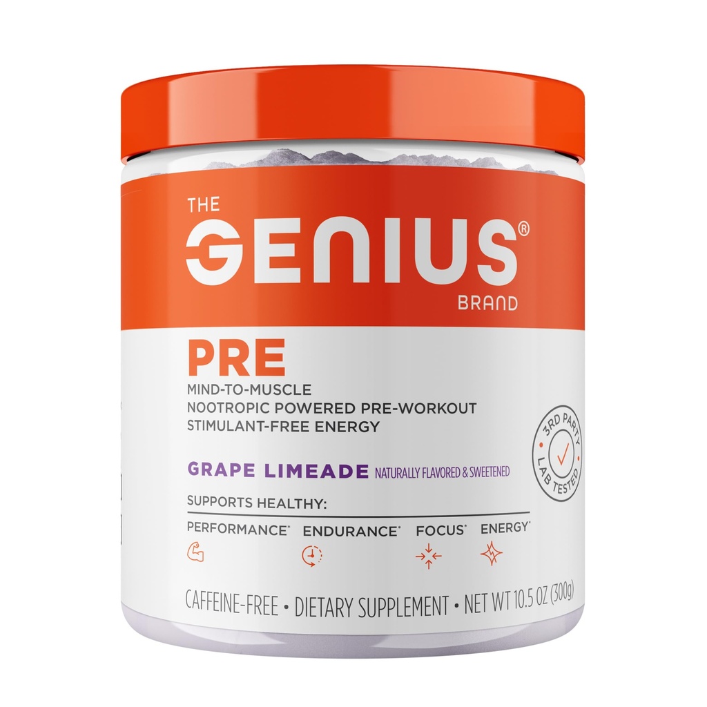 Genius Pre Caffeine-Free Pre Workout Boosted Energy, Focus, Performance Nootropic Formula AlphaSize, Citrulline Malate, CarnoSyn Beta Alanine Endurance, スタミナ, 回復, 20 サービング - Grape Limeade
