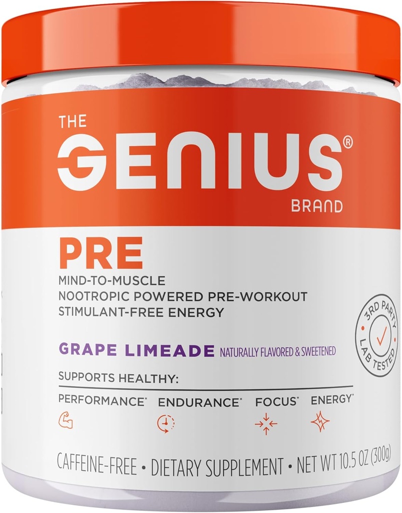 Genius Pre Caffeine-Free Pre Workout Boosted Energy, Focus, Performance Nootropic Formula AlphaSize, Citrulline Malate, CarnoSyn Beta Alanine Endurance, スタミナ, 回復, 20 サービング - Grape Limeade