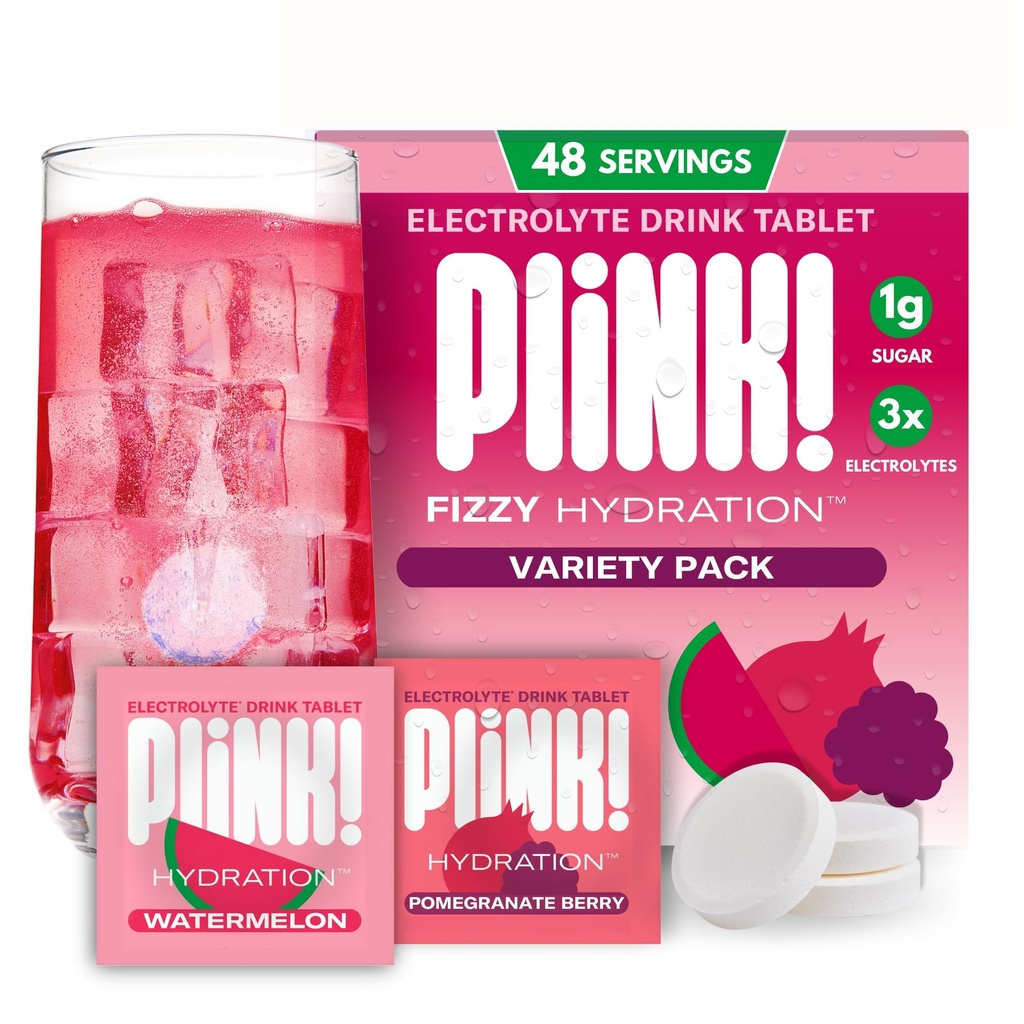 Plink! Fizzy Electrolyte Drink Tablets for Daily Hydration - 48ct Electrolyte Tablets + Sodium, Potassium, Magnesium, Low-Calorie, Low-Sugar Keto Electrolytes Powder Hydration Packets Water Flavoring