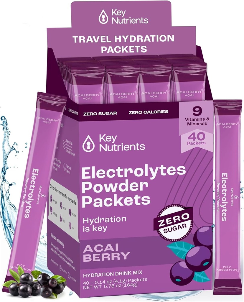 KEY NUTRIENTSマルチビタミン電解液パウダーパケット - おいしいアサイベリー40パック - 旅行水分補給パウダー - 砂糖なし、カロリーなし、グルテンフリー - 米国製