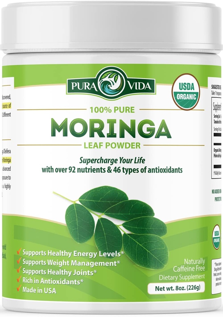 PURA VIDA MORINGAの粉の有機性単一の起源-優れた100%の葉の粉、USDAの有機性Moringa OleiferaのMoringaの葉の粉-スムージー及び調理法のために完成して下さい。8つのoz。