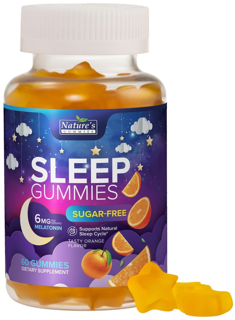眠るグミーサプリメント6mg - 大人のための砂糖無料メラトニンガミー、大人のための自然なゼロ砂糖睡眠ガミー、子供、オレンジ風味、ビーガン、余分な強度睡眠ビタミンサポート - 60グミー