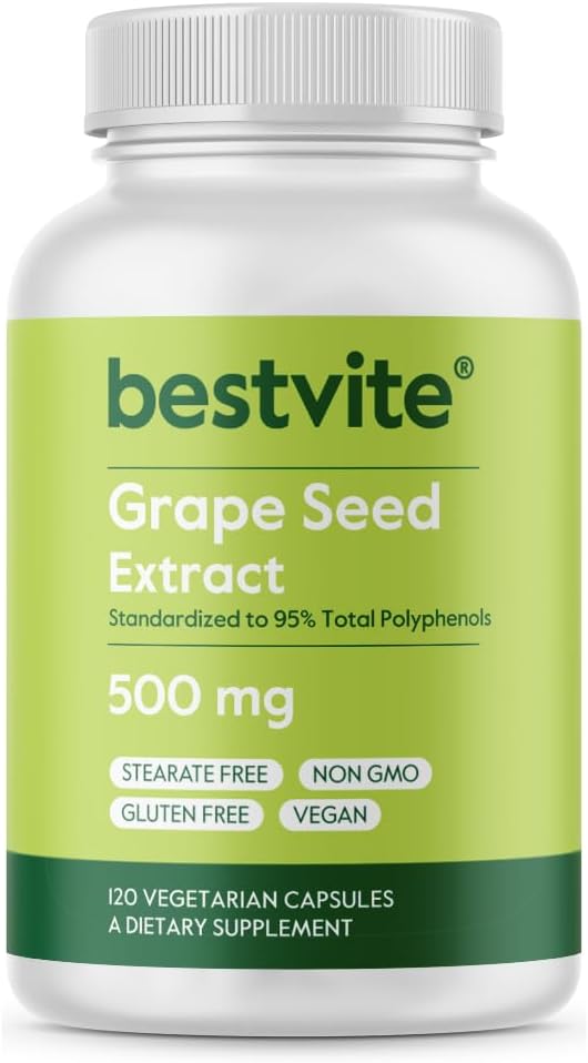 BESTVITEのブドウの種のエキス500mg (120のベジタリアンのカプセル) - Stearates無し-95%のポリフェノールに標準化される
