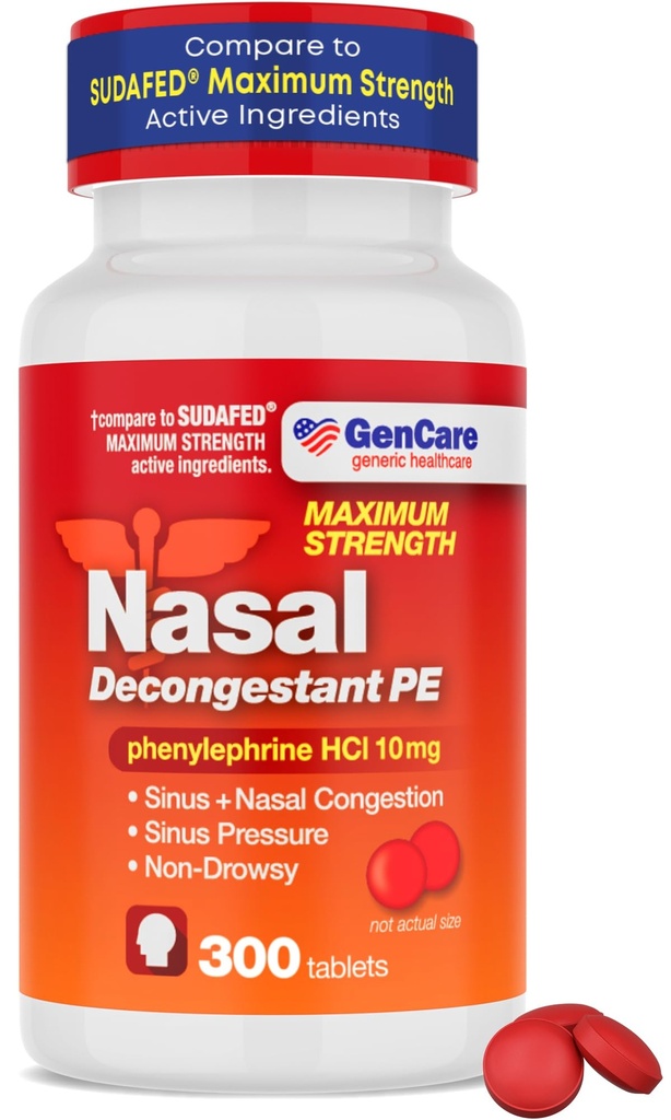 GenCare - Nasal Decongestant (10mg錠) Phenylephrine HCl (300錠/ボトル) | バリューパック 非眠気シンスと鼻の混雑の救済 | アレルギーや病気による下痢の圧力