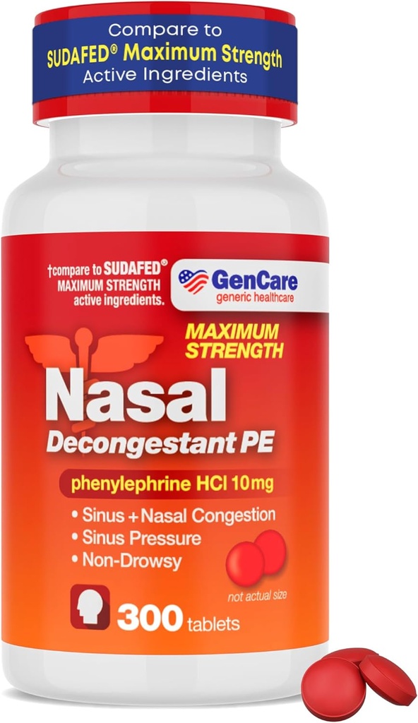 GenCare - Nasal Decongestant (10mg錠) Phenylephrine HCl (300錠/ボトル) | バリューパック 非眠気シンスと鼻の混雑の救済 | アレルギーや病気による下痢の圧力