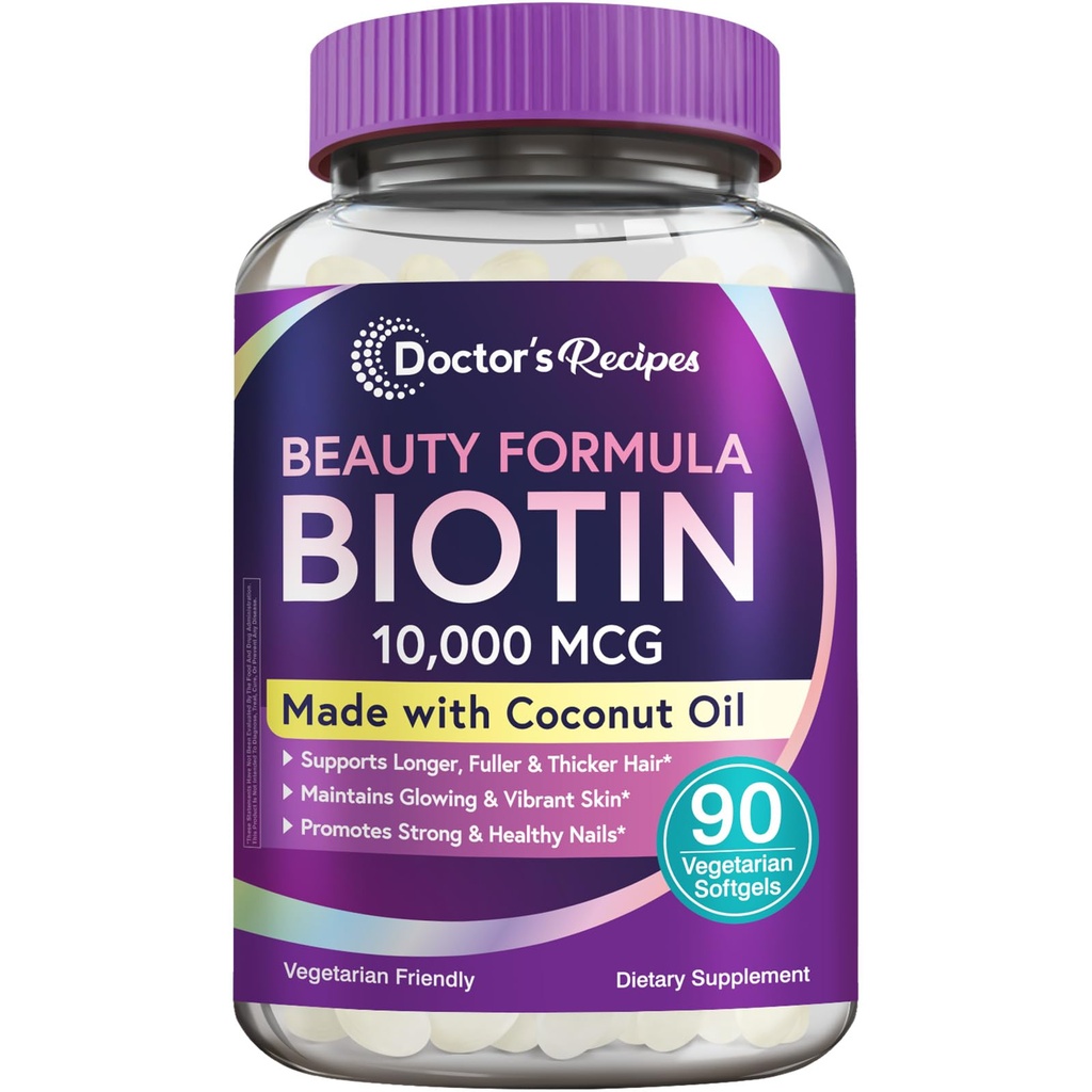 医師のレシピ ビオチン 10,000 mcg, 毛の成長, 健康な皮膚 & 爪, エネルギー代謝, ベジタリアンフレンドリー ビオチン, ココナッツ油と, 非GMO, 3 ヶ月の供給, 90 ベジタリアン Softgels