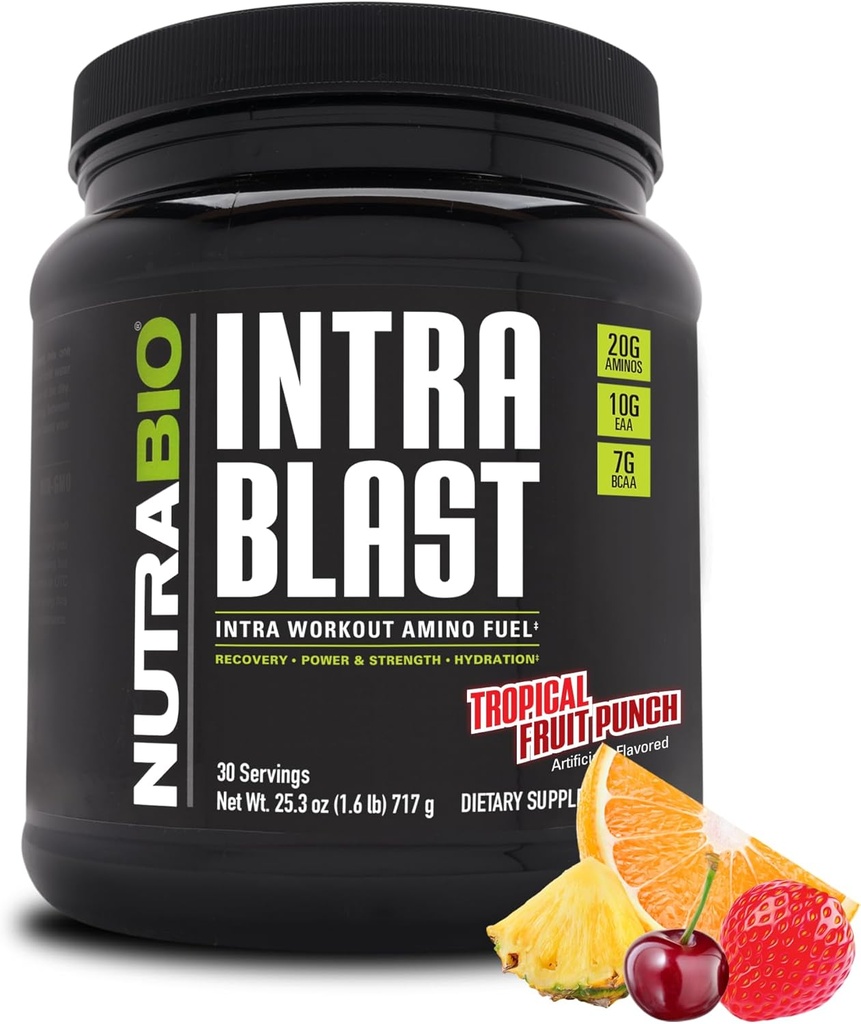 NutraBio Intra Blast Bcaaの粉のアミノ酸の補足、電解質及び水和のブレンド、Intraのプレワークアウト及び筋肉回復、20g Eaaaのアミノ酸の粉、5gグルタミン トロピカル フルーツ パンチ、30のサービング