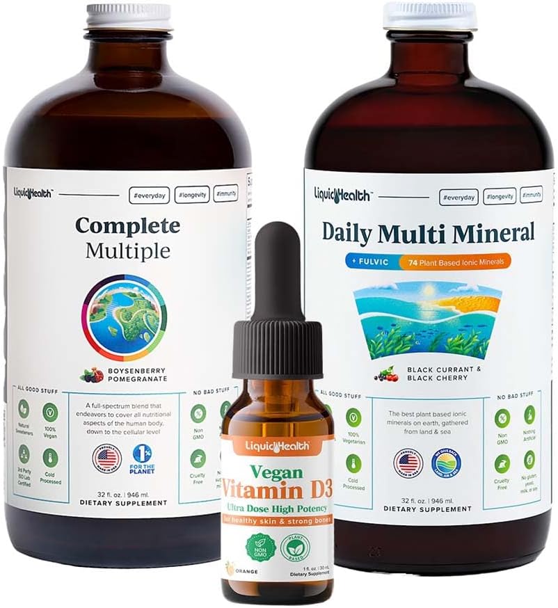 LIQUIDHEALTHの完全マルチビタミン、毎日の多鉱物およびビーガン ビタミンD3の低下の大人のための超免除の液体のビタミンの束-免疫サポート ビタミン、全食糧、ビーガン、非GMO