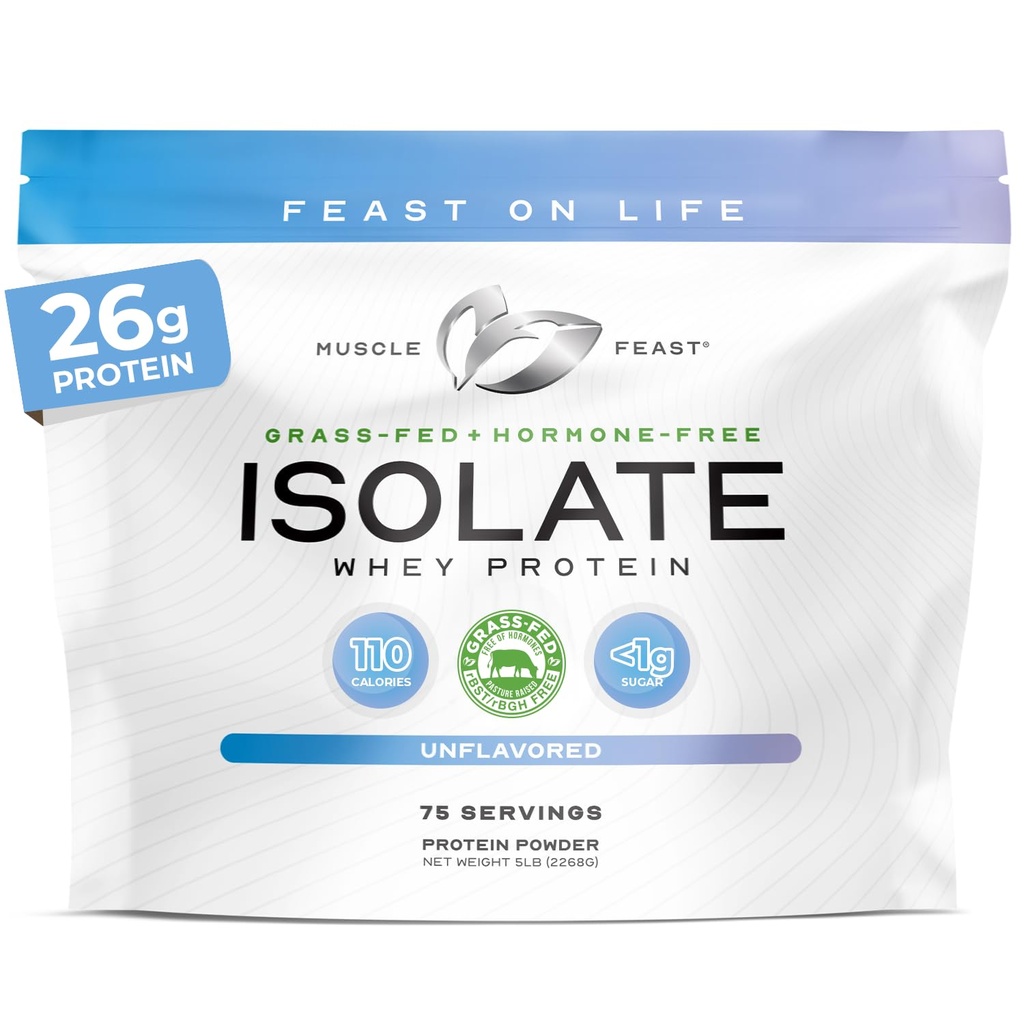 Muscle Feast Grass-Fed Whey Protein Isolate, All Natural Hormone Free Pasture Raised, Whey Isolate Protein Powder for Men and Women, Clean, Non-GMO & Gluten-Free, Isolate Protein - Unflavored, 5lb