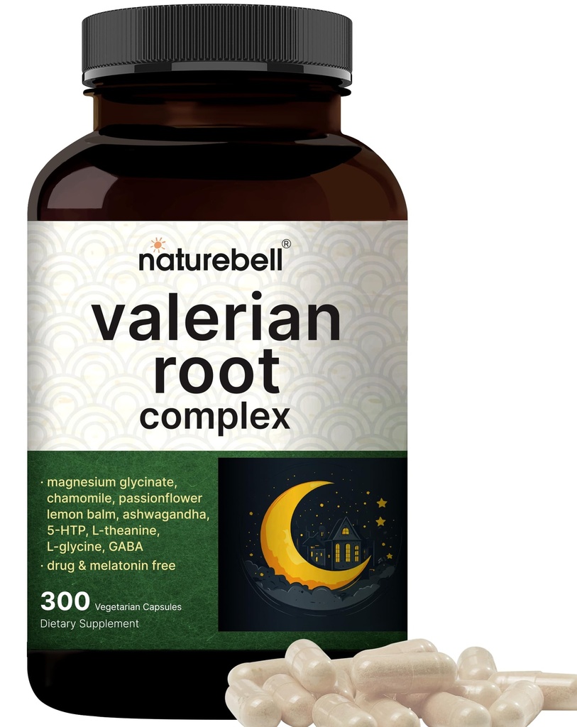 NatureBell Valerian Root for Sleep, 300 Veggie Capsules with Magnesium Glycinate, Chamomile, Passionflower, Lemon Balm, Ashwagandha, & More – Relaxation & Sleep Support Supplement – Melatonin Free