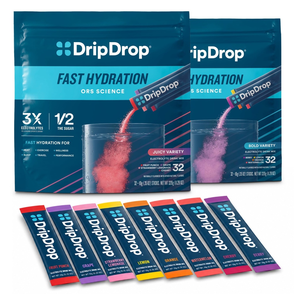 DripDrop Hydration - 電解液パウダーパケット - ウォーターメロン、ベリー、レモン、オレンジ、フルーツパンチ、グレープ、イチゴレモネード、チェリー - 64カウント