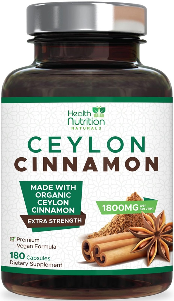 セイロンシナモンカプセル1800mg - 認定有機セイロンシナモンパウダーサプリメント、米国でボトル入り、余分な強度エネルギー&ハートサポートピル、非GMO&グルテンフリー、砂糖無料 - 180カプセル