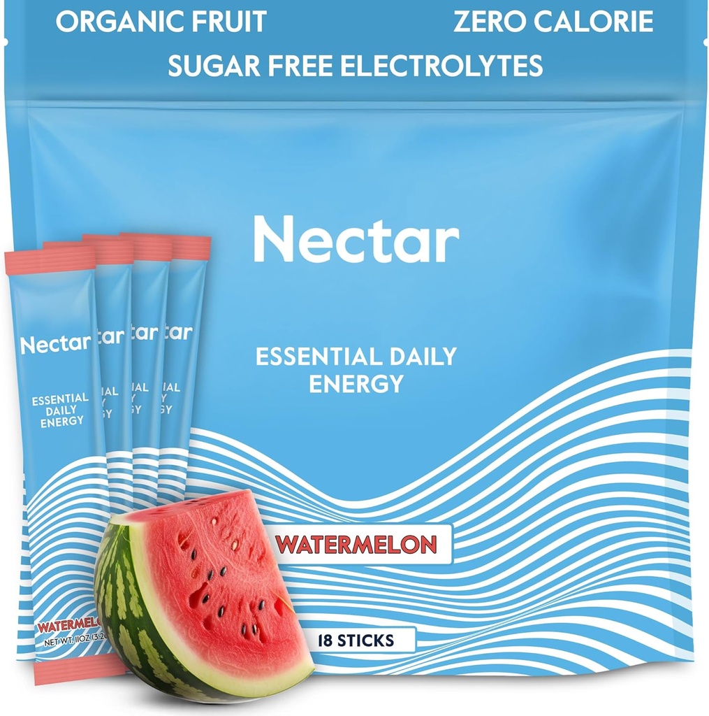 Nectarエネルギーブースター - 有機カフェイン、B12&電解 - 砂糖無料&ゼロカロリー - 健康的なコーヒー、エネルギードリンク&ソーダ代替 - 水分補給&エネルギーサプリメント(スイカ18パック)