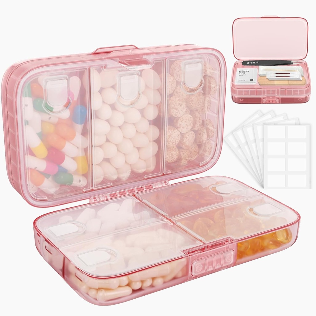 ラベル付き毎週のピルオーガナイザー、8 コンパートメントトラベルデイリーピルケース Airtight Moistureproof ビタミン、魚油、サプリメント、綿棒、包帯ピンクをホールドする大型ピルボックス