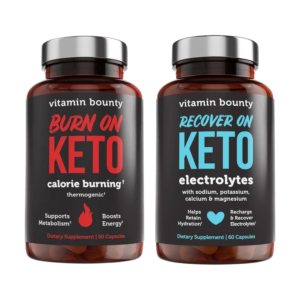 Vitamin Bounty Burn On Keto Thermogenic + Recover On Keto Electrolytes - Fat-Burning Support & Keto-Friendly Hydration - 2 Supplement Bundle