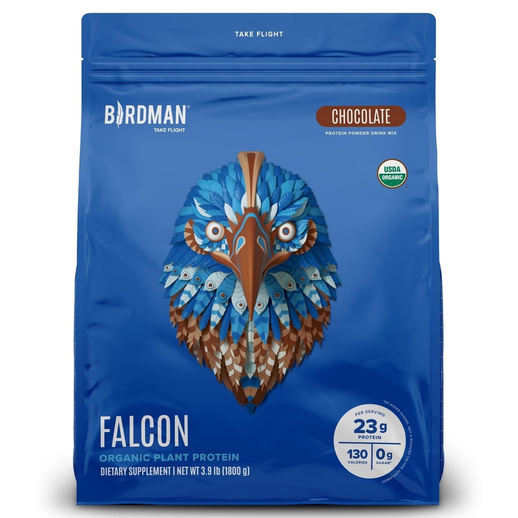 BIRDMAN Falconビーガンプロテインパウダーオーガニック、ステビア&シュガーフリー、植物ベースのタンパク質、低炭水化物、乳製品無料、ケト、ノンWheyタンパク質、プロバイオティック、エンドウ豆プロテイン、チョコレート味 - 60 サービング - 3.9lb