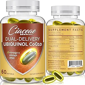 Ubiquinol CoQ10 600 MG Softgels with Omega-3 & Shilajit & PQQ, アドバンスト・デュアル・デリバリー・コエンザイムQ10, 活性CoQ10 Ubiquinolサプリメント 豊饒, 抗酸化, 心臓, 脳 & エネルギー, 120 サービング