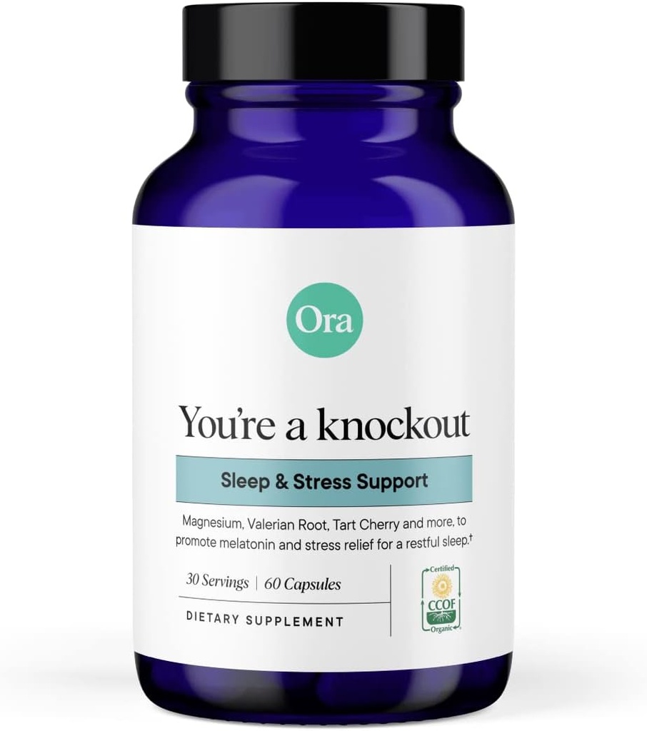 Ora Organic Natural Sleep Aidサプリメントストレスサポートは、タルトチェリーからメラトニンとハーブブレンドを包みます - マグネシウムシレート、バレリアンルート、およびレモンバームが含まれています - 1ヶ月の供給、60カプセル