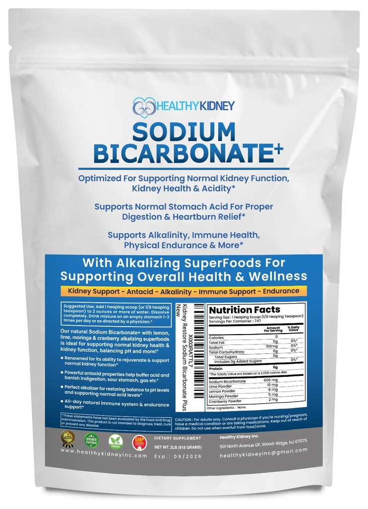 Organic Sodium Bicarbonate Alkaline Supplement For Alkalinity. Support Kidneys & Stomach Acid Neutralizer with Alkaline Superfoods. Sodium Bicarbonate Powder Kidney Immune Support Antacid Sports 2 LB.
