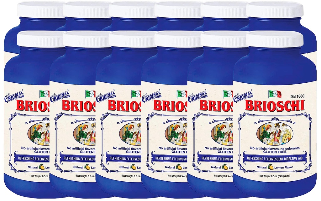 Brioschi (Pack 12) Italian Lemon Flavored Refreshing Effervescent | Digestive Aid, Heartburn, Upset Stomach, Acid Indigestion | Gluten Free, No Colorants, No Artifictial Flavors | 8.5 oz Full Case