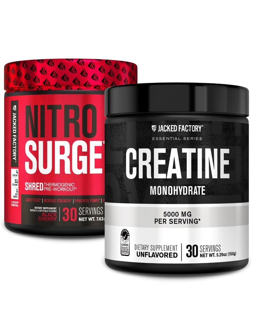 Jacked Factory NITROSURGE Shred Pre Workout Supplement (Black Cherry, 30 Servings) & Creatine Monohydrate Powder (Unflavored, 30 Servings)