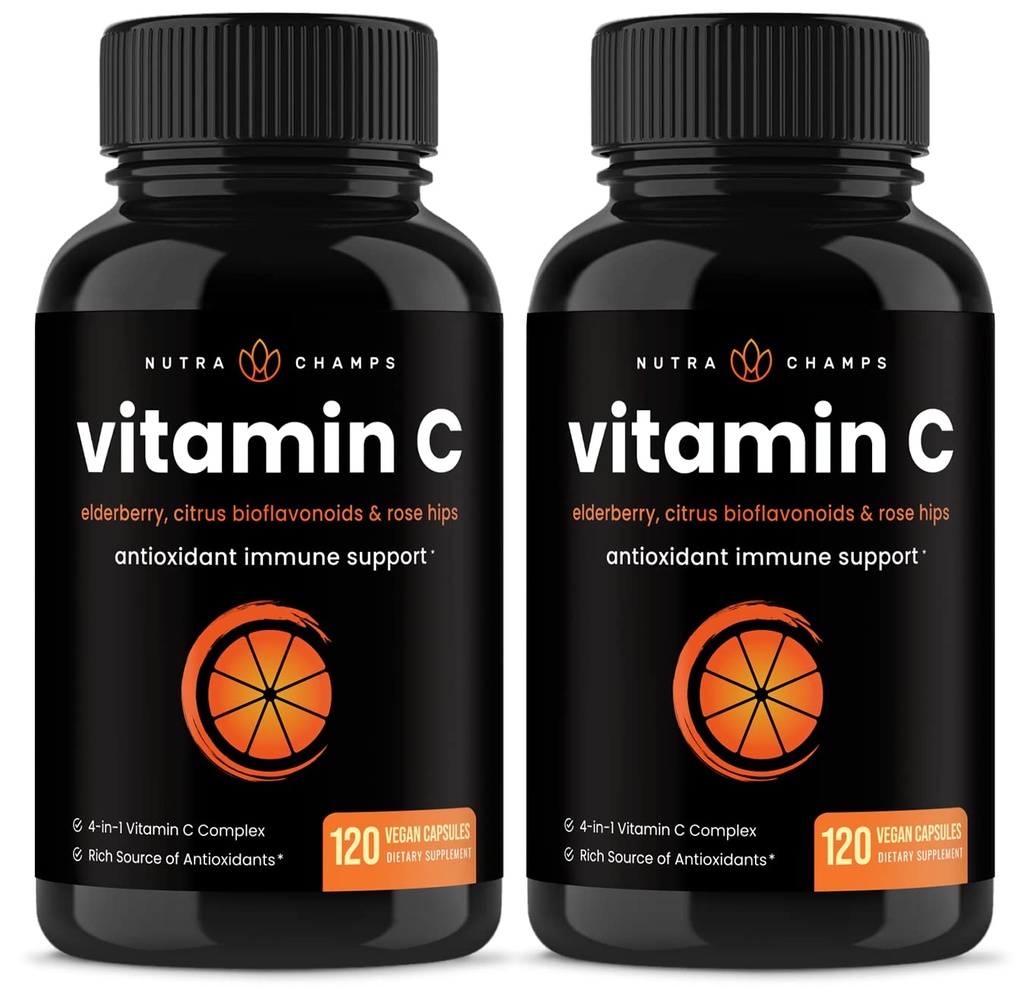 NutraChamps (2パック) エルダーベリー、Citrus BioflavonoidsとビタミンC 1000mg - 120カプセルビーガン、免疫健康&コラーゲン生産500mgパウダーピルのための非GMO抗酸化サプリメント
