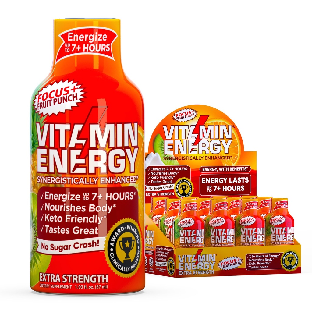ビタミン エネルギー焦点+ の余分強さのエネルギー打撃のフルーツの穿孔器 12 のパック、260mg 自然なカフェイン、B ビタミン、CoQ10、アミノ酸、焦点、生産性及び明白、ゼロ砂糖、グルテンフリー、1.03 の fl oz