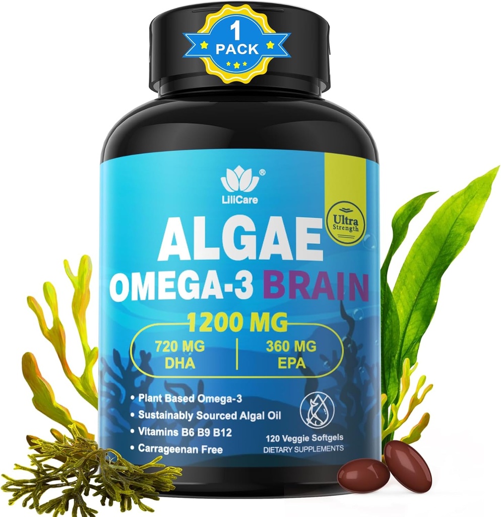 Omega 3 DHA 720mg EPA 360mg の魚油の Softgels, ビーガン Algae サイエンス 2:1 脳の目のための比率, 植物は持続的に供給オメガ 3 サプリメント, 魚油代替 1200 mg, 魚の味なし, 120Cts