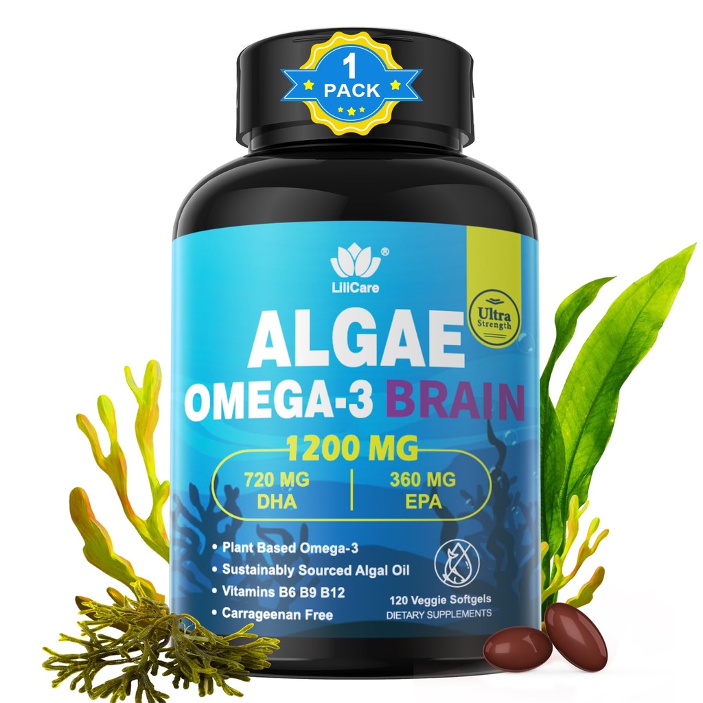 Omega 3 DHA 720mg EPA 360mg の魚油の Softgels, ビーガン Algae サイエンス 2:1 脳の目のための比率, 植物は持続的に供給オメガ 3 サプリメント, 魚油代替 1200 mg, 魚の味なし, 120Cts
